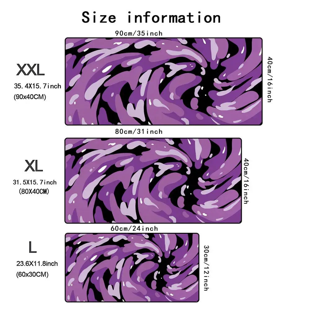 Size chart showing dimensions for XXL, XL, and L sizes of a large art vortex mouse pad.