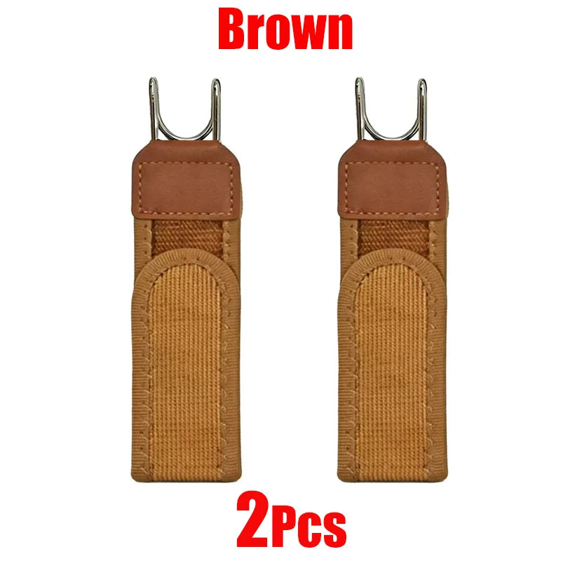 Two brown adjustable buckle-free elastic belts shown side by side.
