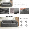 A gray stretch velvet sofa slipcover is shown with instructions for protection and washing.