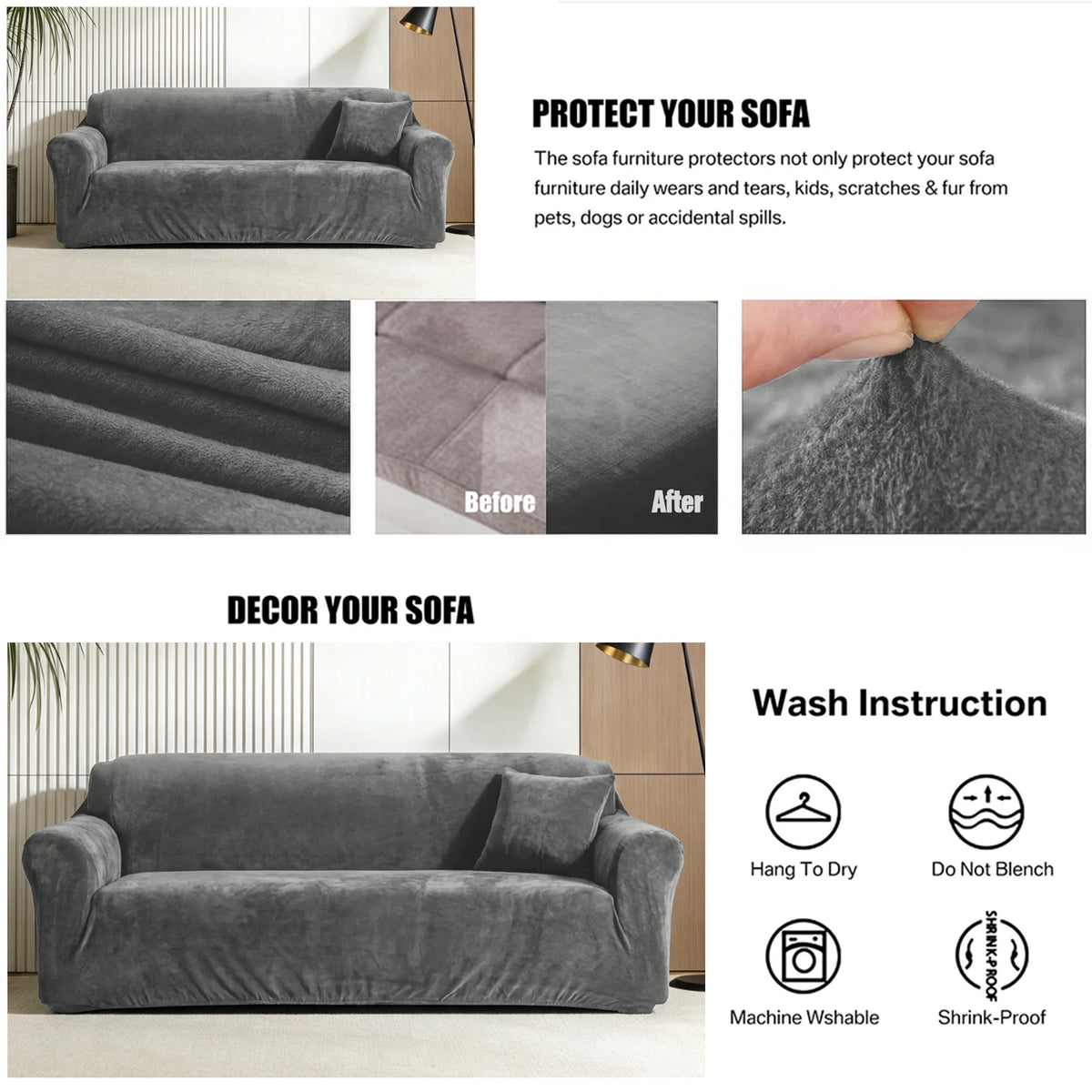 A gray stretch velvet sofa slipcover is shown with instructions for protection and washing.