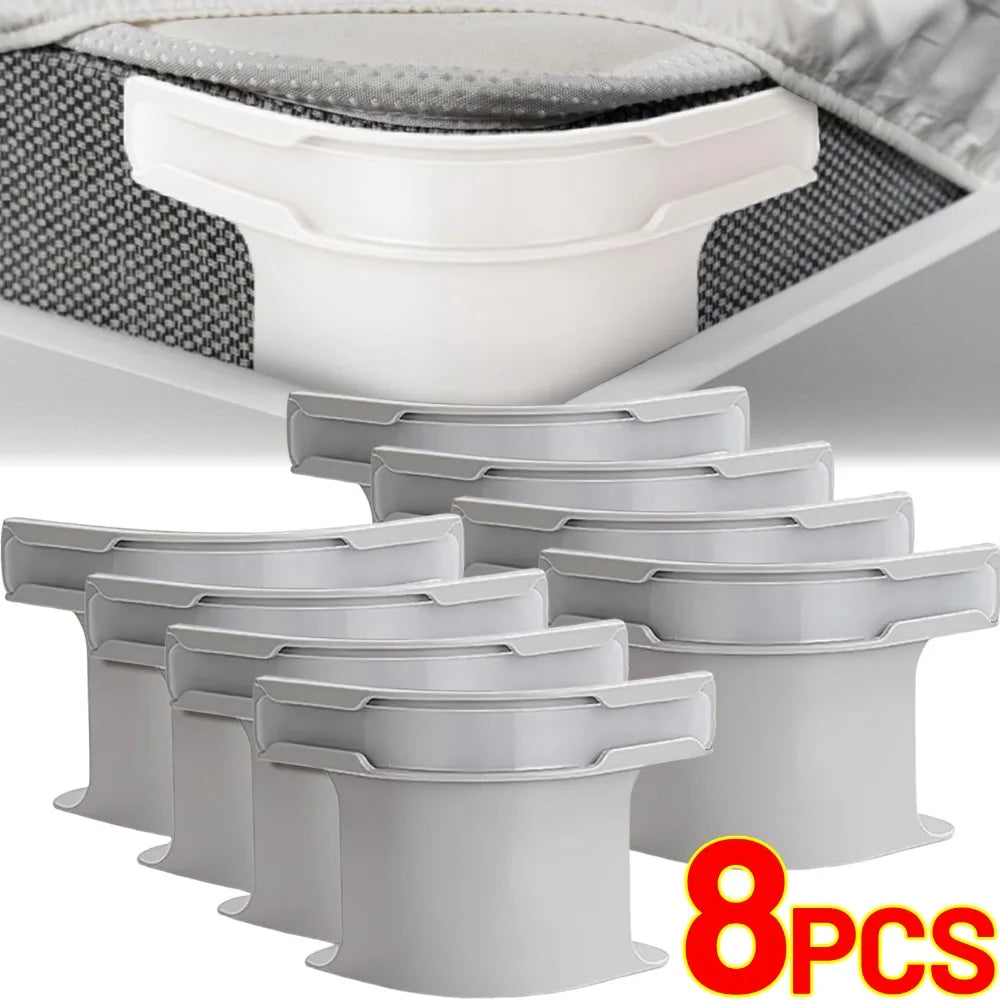 Eight white invisible corner tightener clips used for securing mattresses and sofas