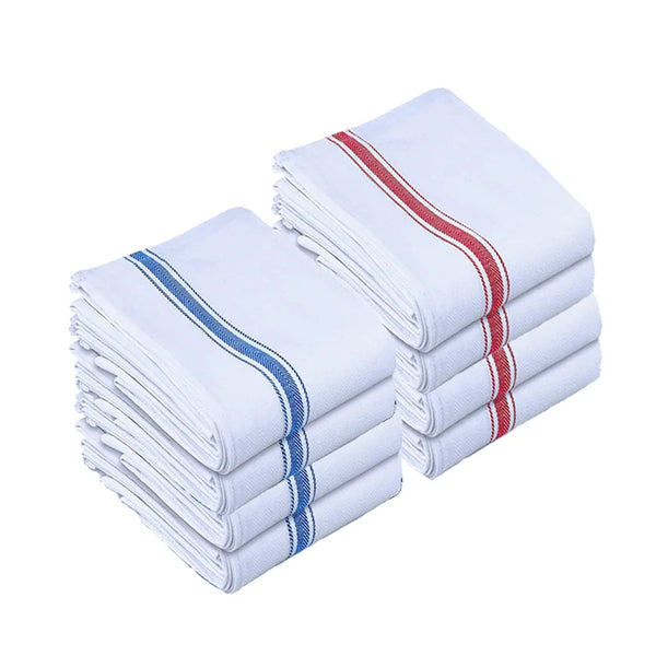 A stack of white kitchen cleaning cloths with red and blue stripes.