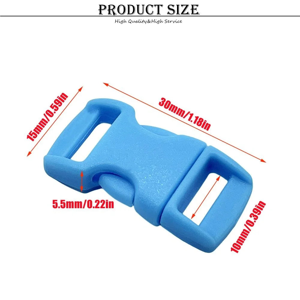 Blue adjustable plastic paracord buckle bracelet shown with various size measurements.