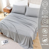 A gray microfiber flat fitted sheet set displayed on a bed with icons highlighting soft, breathable, comfortable, durable, an