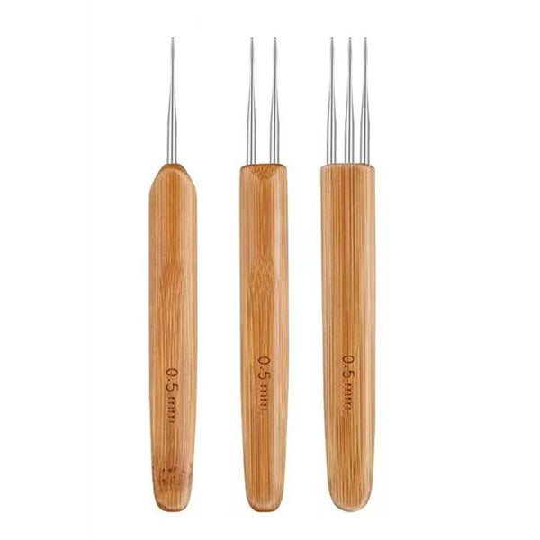 A set of five wooden precision crochet hooks for hair dreadlocks