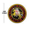 Round embroidered patch with black and yellow colors featuring Latin text and a depiction of a horse and shield.