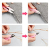 Close-up images showing stainless steel sewing and embroidery scissors being used to cut fabric and thread.