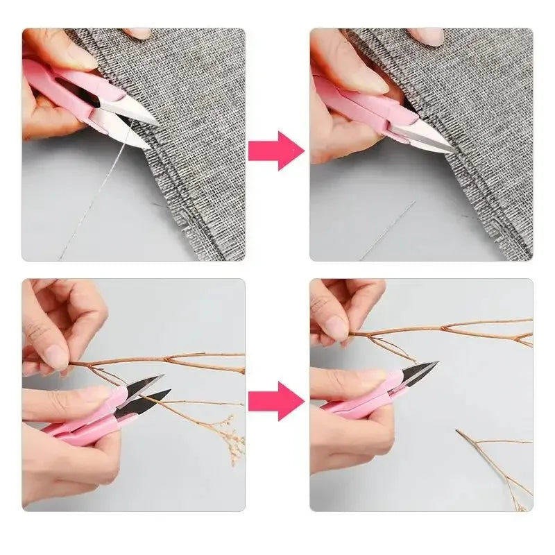 Close-up images showing stainless steel sewing and embroidery scissors being used to cut fabric and thread.