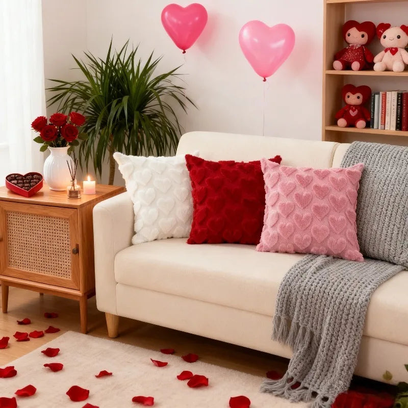 A beige sofa decorated with various heart-shaped plush cushions and a gray knitted throw blanket.