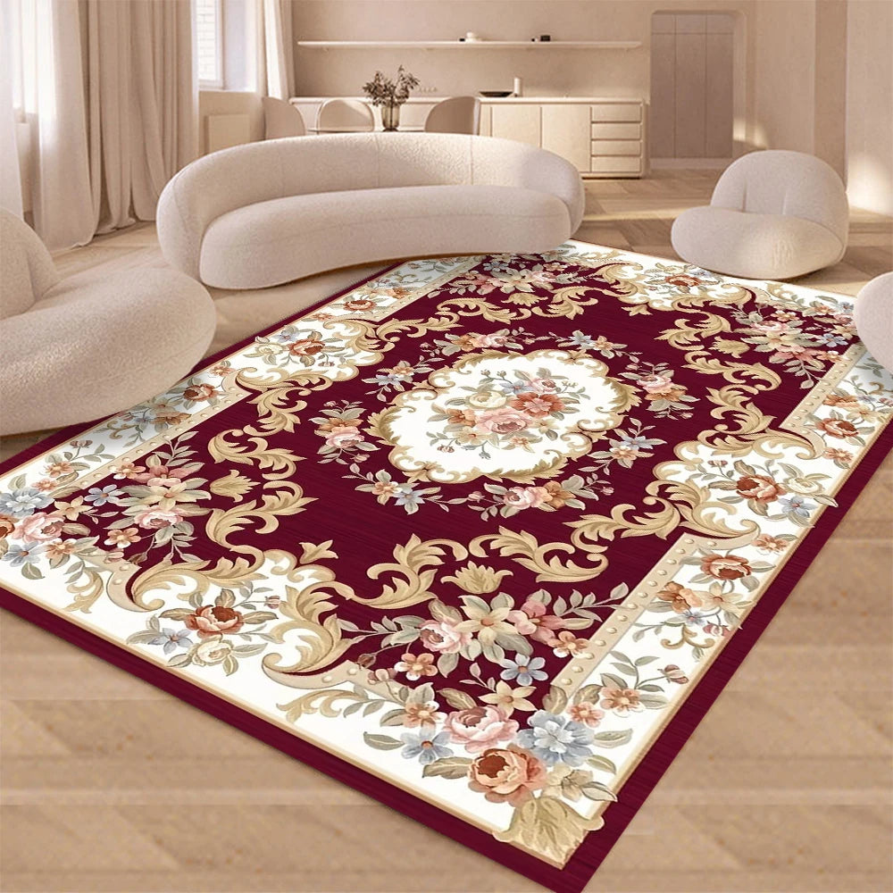 Elegant floral non-slip living room carpet featuring deep burgundy and cream floral patterns.