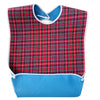A red and black plaid waterproof mealtime bib with a blue trim and adjustable neck.