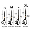 A set of professional high carbon steel tailor's shears in various sizes S through XL, showing the different blade lengths an