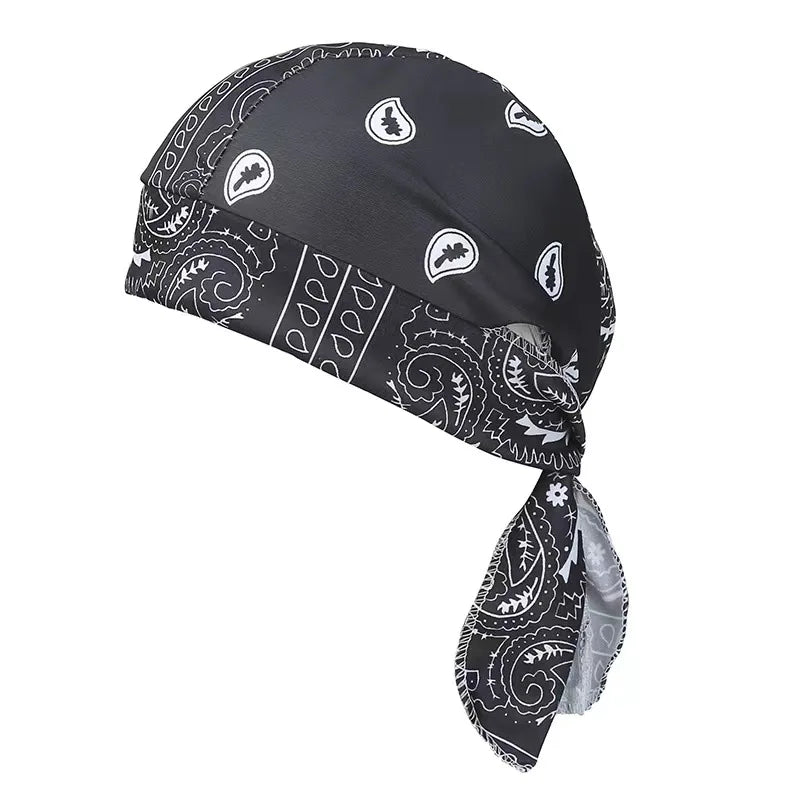 Black paisley print unisex headwrap tied at the end
