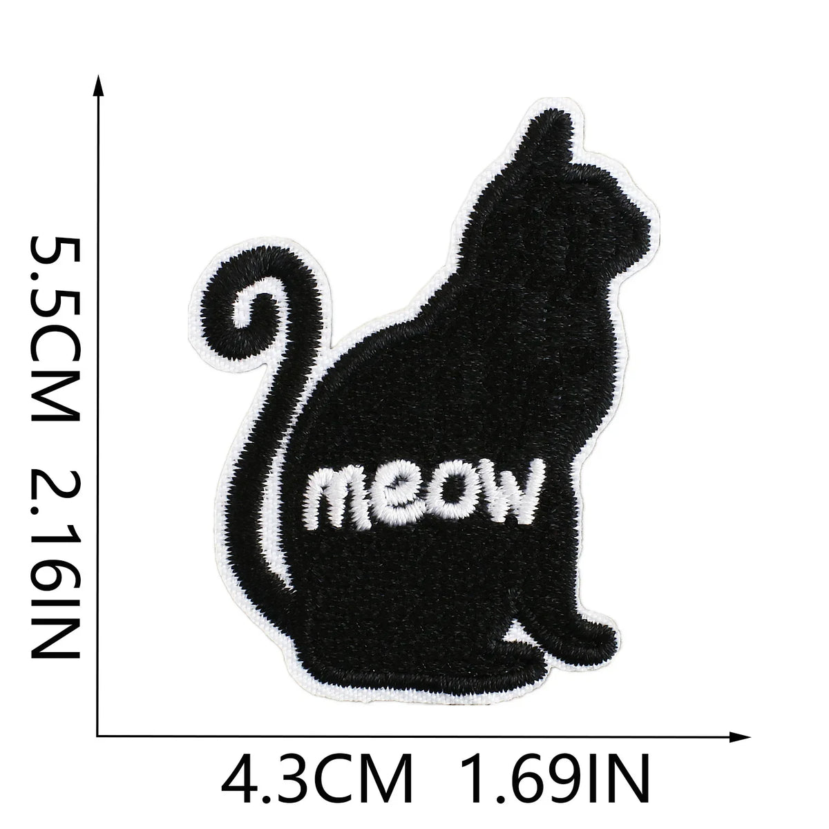 Black felt patch of a cat silhouette with the word meow embroidered on it