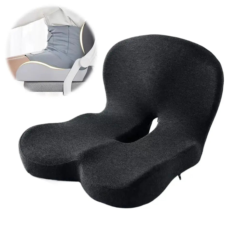 A black ergonomic memory foam car seat cushion shown next to a folded white and gray cushion.