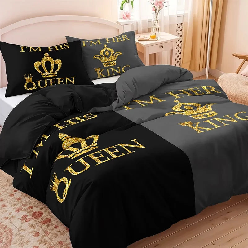Black and gray printed bedding set featuring gold crown text for men and women