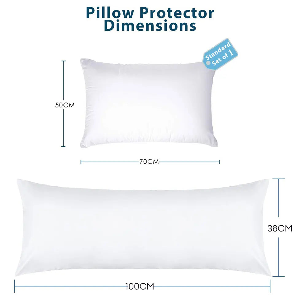 White pillow protector dimensions showing the size of a standard set of one.