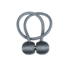 A silver magnetic curtain tieback featuring a looped design and two spherical decorative elements.