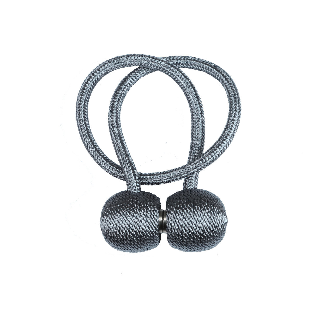 A silver magnetic curtain tieback featuring a looped design and two spherical decorative elements.