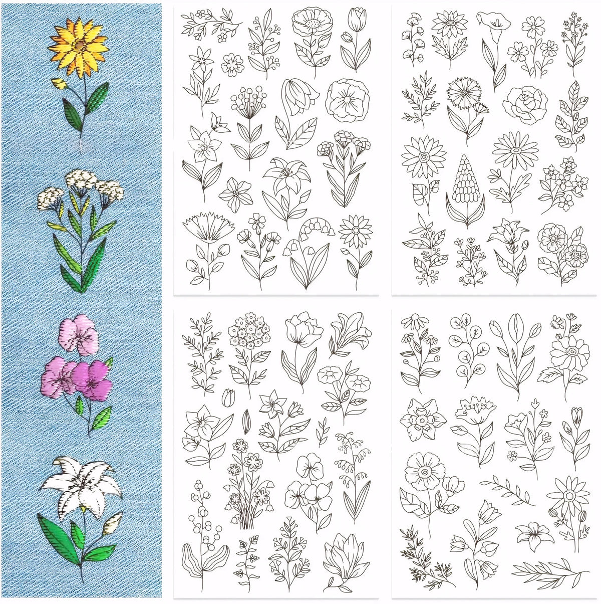 A collection of black and white line drawings featuring various floral and botanical patterns for embroidery.