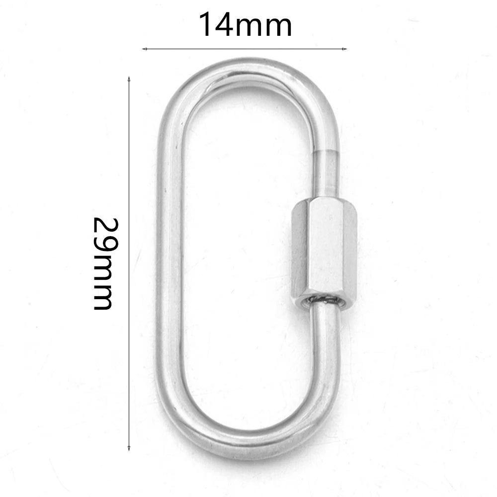 Silver heart-shaped screw lock carabiner clasp for jewelry making with 14mm opening and 29mm length.