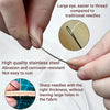 A hand holds a thin steel needle, demonstrating its ease of threading compared to traditional needles.