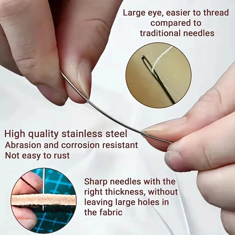 A hand holds a thin steel needle, demonstrating its ease of threading compared to traditional needles.