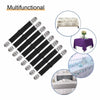 Four black adjustable bed sheet corner straps shown with examples of use on furniture and bedding.