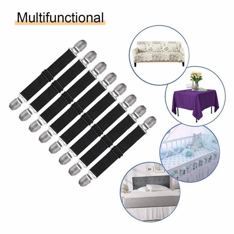 Four black adjustable bed sheet corner straps shown with examples of use on furniture and bedding.