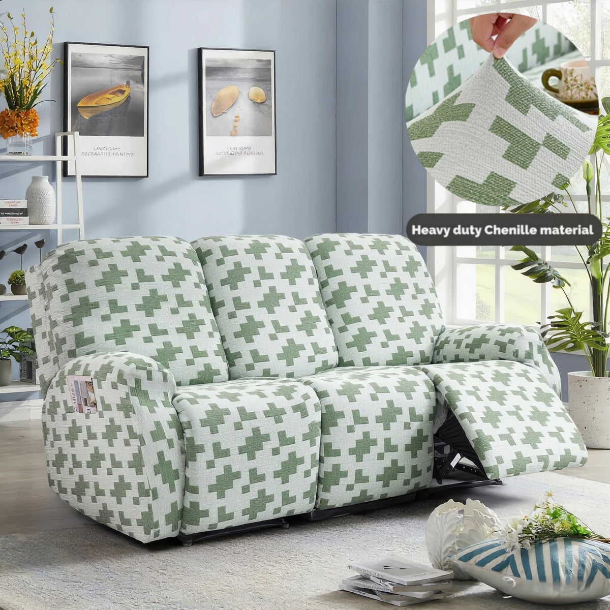 A light green chenille recliner sofa slipcover with a geometric pattern displayed in a modern living room setting.