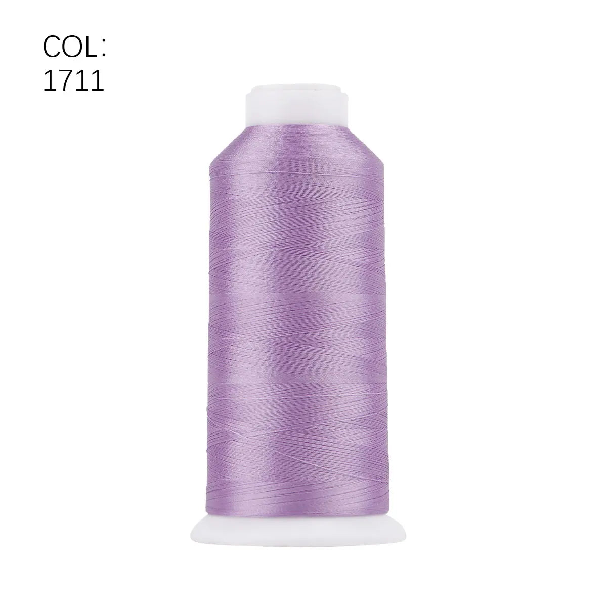A roll of purple polyester embroidery thread labeled COL: 1711.