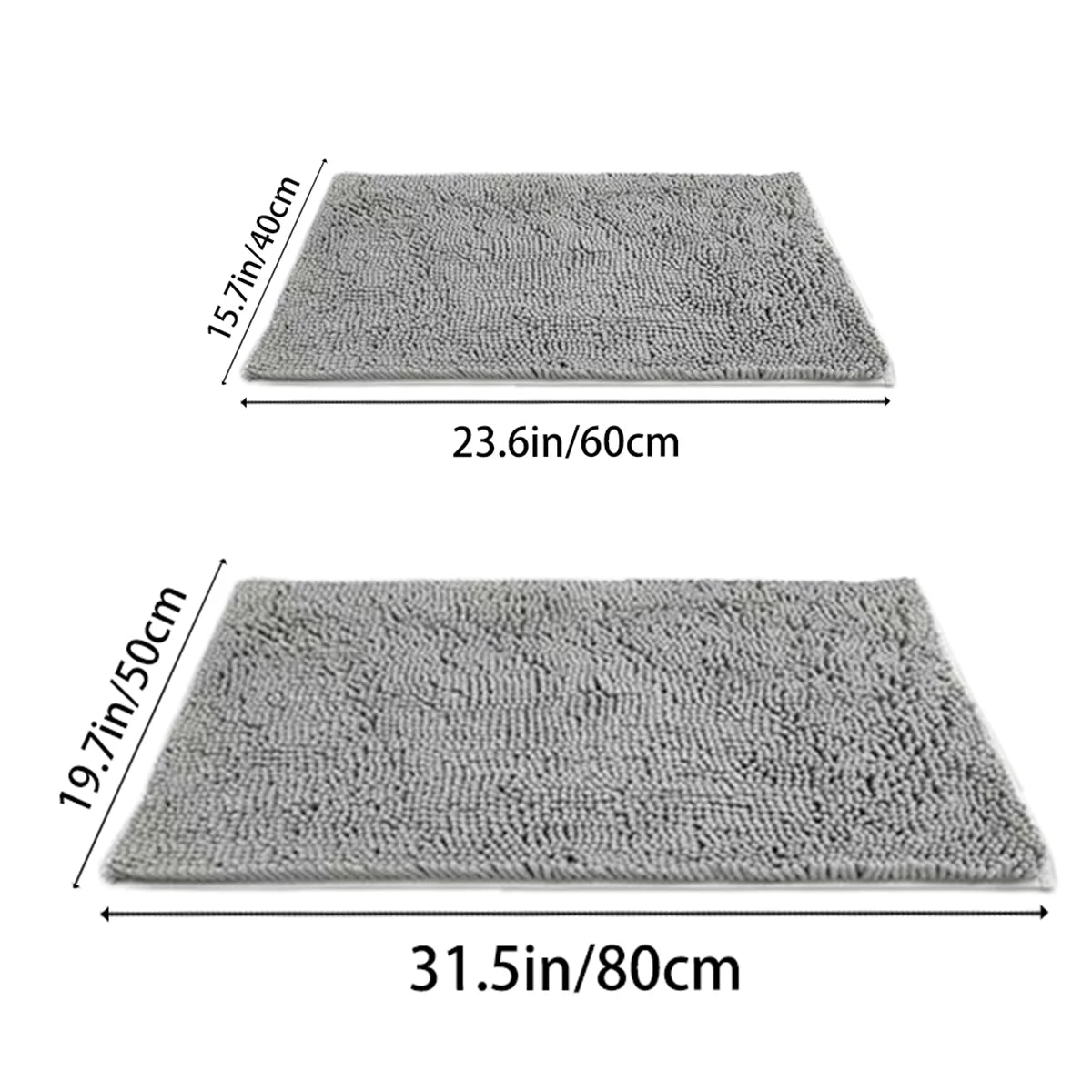Gray extra dense chenille pet door mat shown in two sizes, 15.7in/40cm and 19.7in/50cm.
