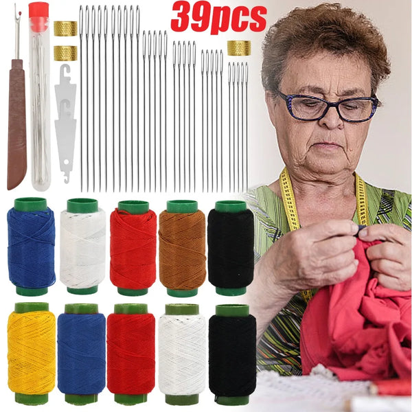 A precision sewing kit showing hand needles, a thimble, and a threader set with various colors of thread.