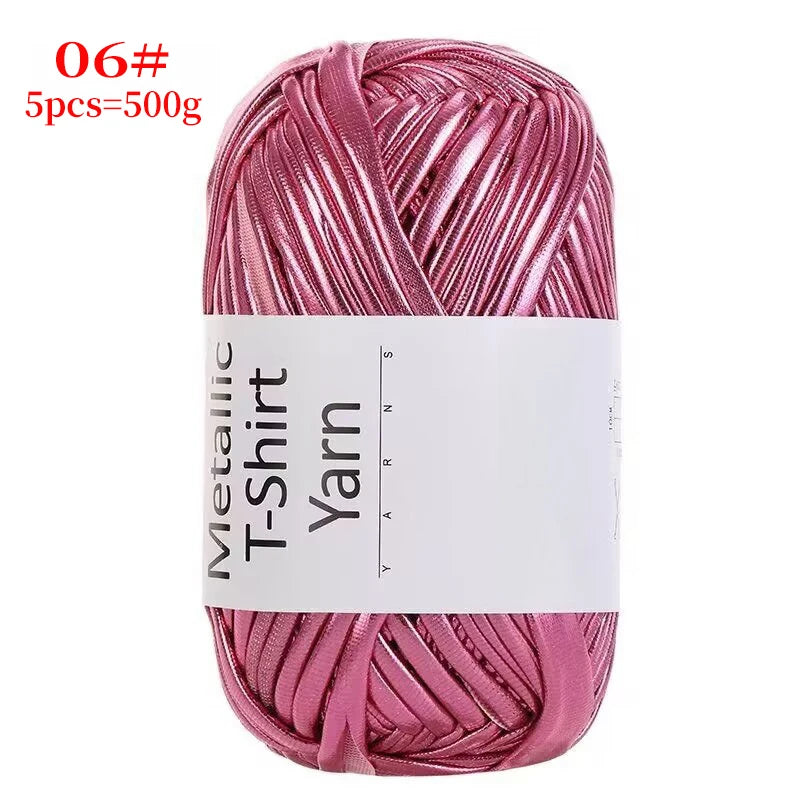 Spool of metallic pink T-shirt yarn for crochet and DIY crafts