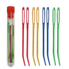 A set of bent tip tapestry needles in various colors including red, green, and blue.