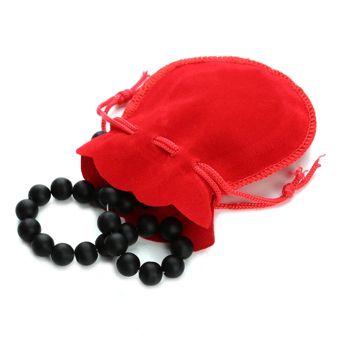 A bright red velvet drawstring gift bag shaped like a gourd, with black beads attached.