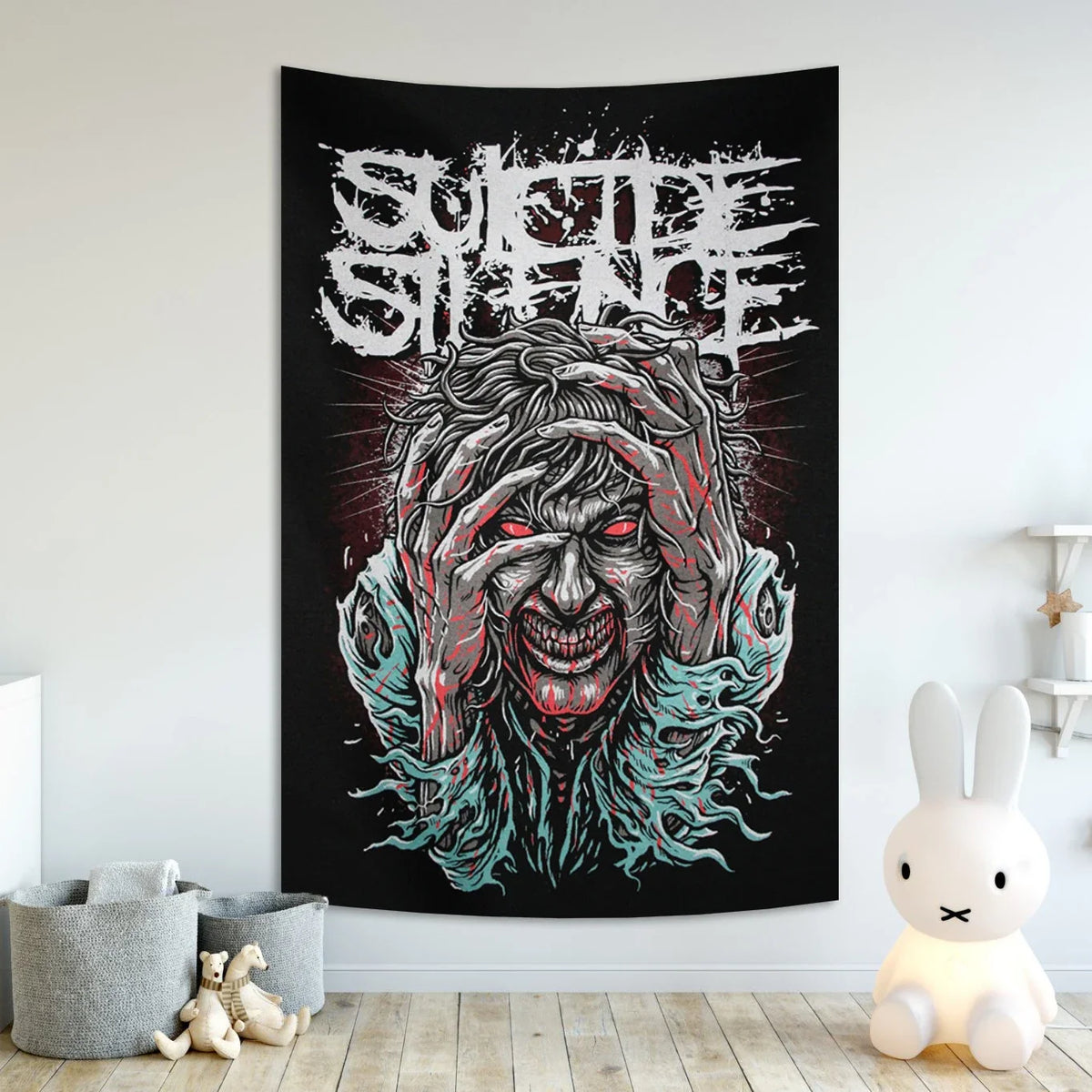 A black tapestry featuring a distressed, bloody face with long hair and intense eyes, suitable for bohemian metal band decor.
