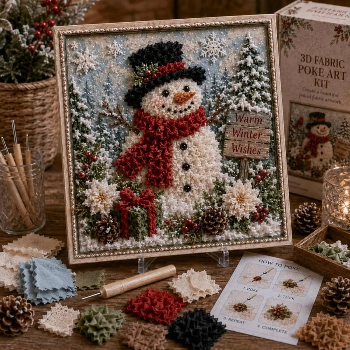 A framed fabric art kit featuring a detailed snowman in winter attire surrounded by natural elements and crafting materials.