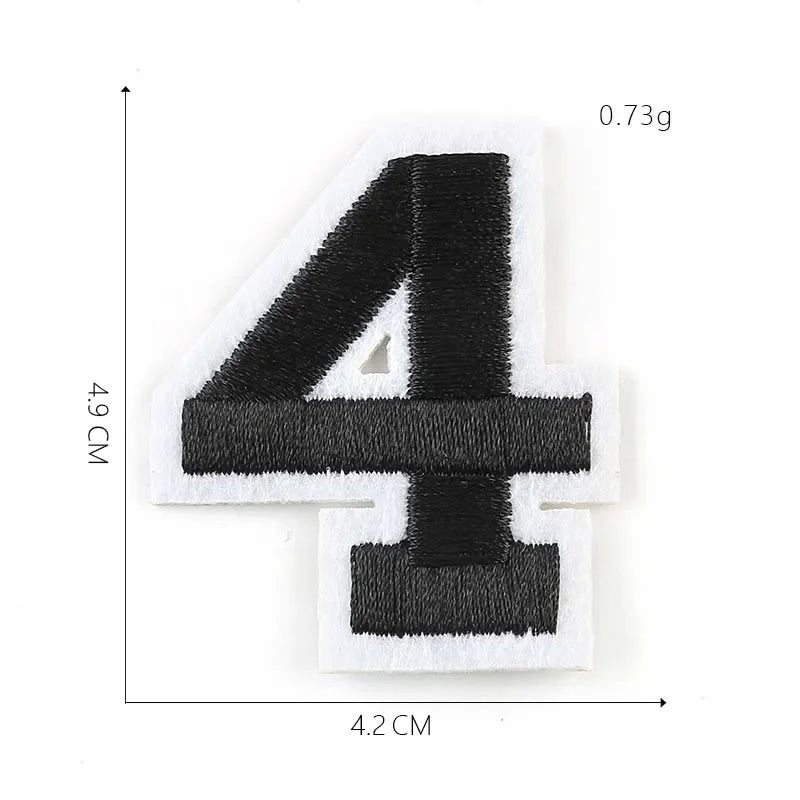 Black embroidered number 4 patch with dimensions 4.9 cm by 4.2 cm and weighing 0.73g