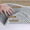 A hand touches a gray waffle design non-slip bathroom mat featuring comfort touch, durable edge, and slip-resistant propertie