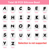 A set of 26 silicone alphabet beads in black and white letters arranged in a grid.