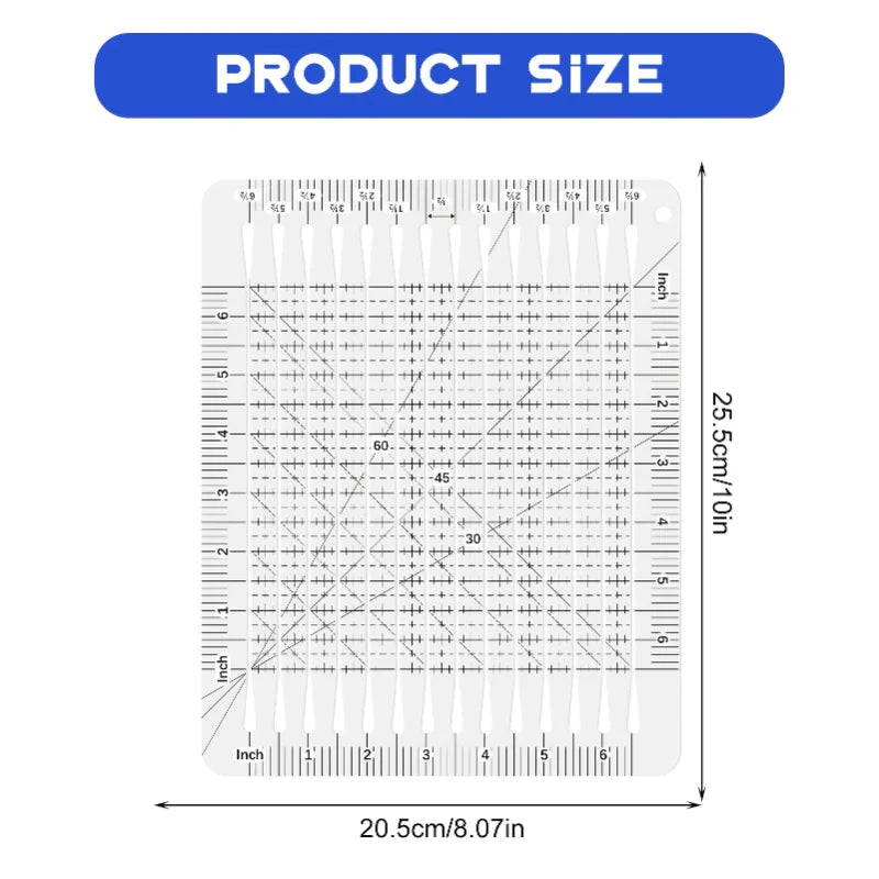 A precision acrylic quilting ruler showing both inch and centimeter scales for measuring fabric.