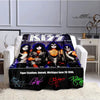 A black printed flannel travel blanket featuring images of KISS members and text related to Tiger Stadium.