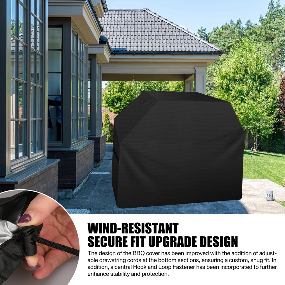 A black wind-resistant BBQ grill cover is shown next to a house exterior, highlighting its adjustable drawstring cords and ho
