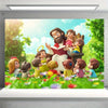 A colorful illustration of a family with Jesus and children in a garden setting for a religious character party banner.
