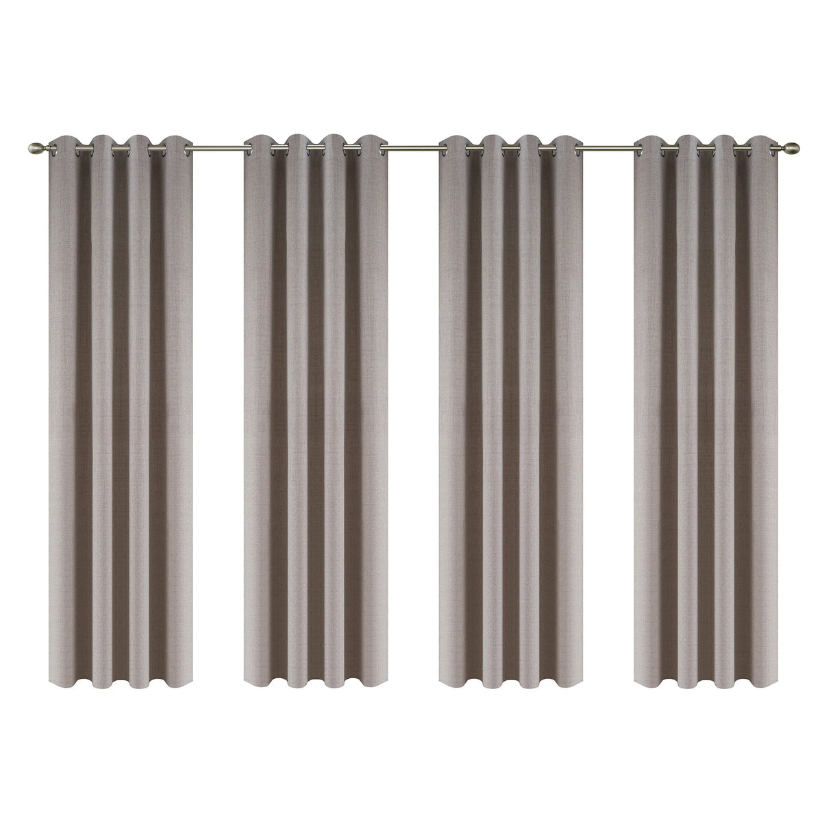 Set of four beige linen textured blackout curtains hanging on a rod.