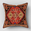 A square decorative cushion cover featuring a rich red and black Persian geometric pattern.