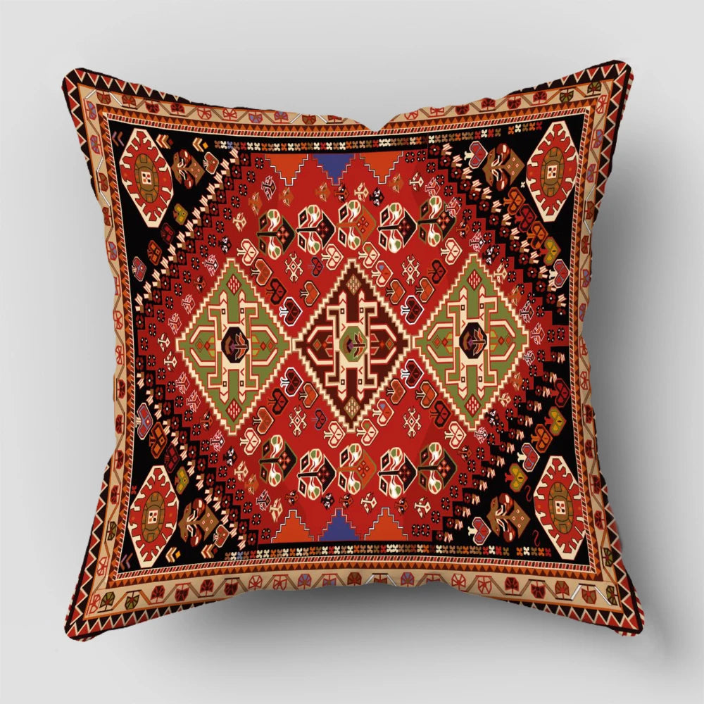 A square decorative cushion cover featuring a rich red and black Persian geometric pattern.