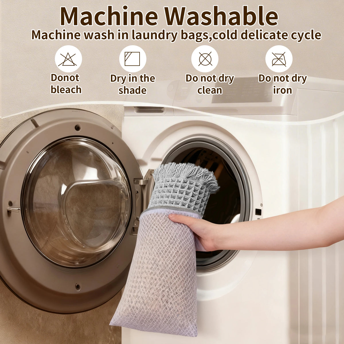 A hand is holding a gray waffle design non-slip bathroom mat near the door of a white washing machine.