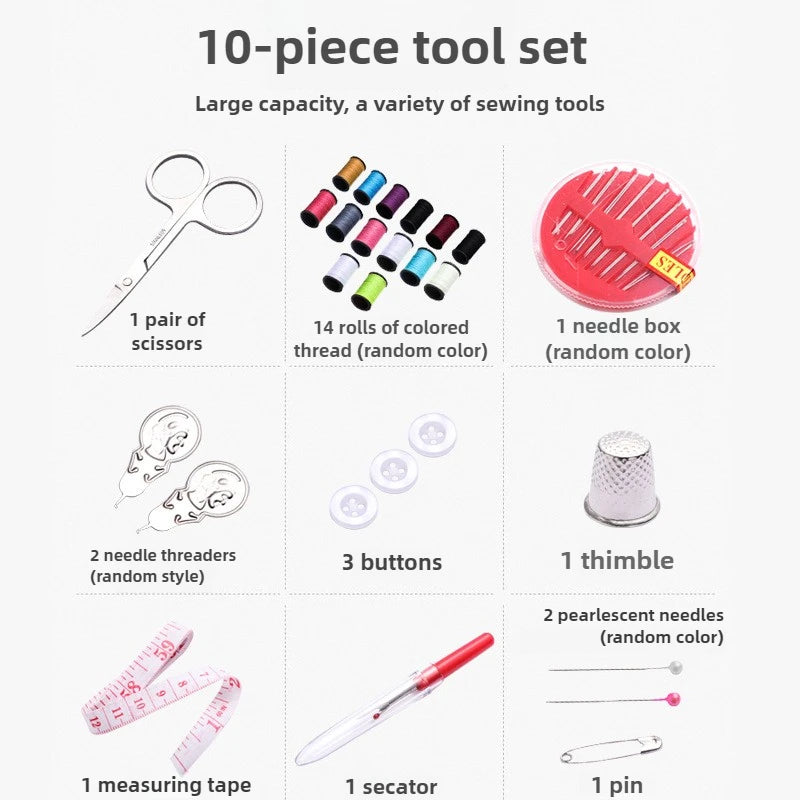 A 10-piece sewing tool set including scissors, thread rolls, buttons, a thimble, needles, and a measuring tape.